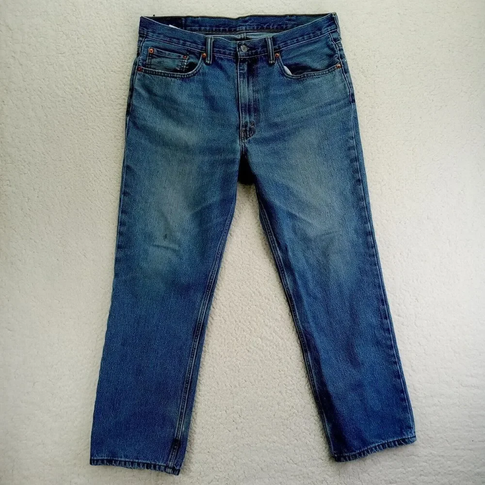 Levis 505 Jeans Mens 38x30 Straight‎ Cotton Denim Medium Wash Worn Cuffs Stains